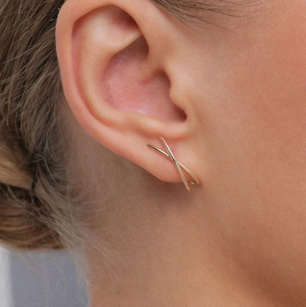 Criss-Cross Gold Minimalist Huggies, stud earrings - Picture 1 of 5